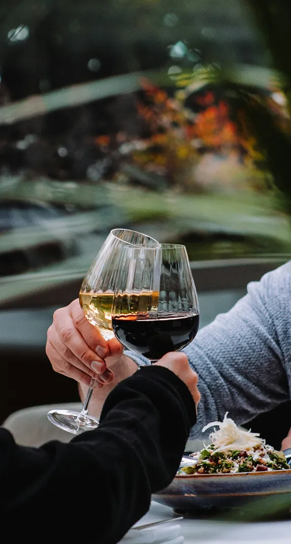 Deux personnes trinquent avec du vin rouge et blanc dans un cadre ext&eacute;rieur.
